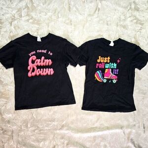 Set Of 2 T-shirt Girls Youth Size M 10/12 Fun Graphic Rolling Skates Black Teen